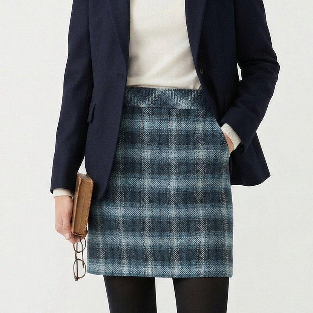Talbots Skirt Blue Plaid Wool Twee Academia Preppy Classic 14